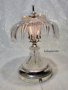 Vintage Leviton Pressed Crystal Boudoir Table Lamp Silver Tone Hollywood Regency
